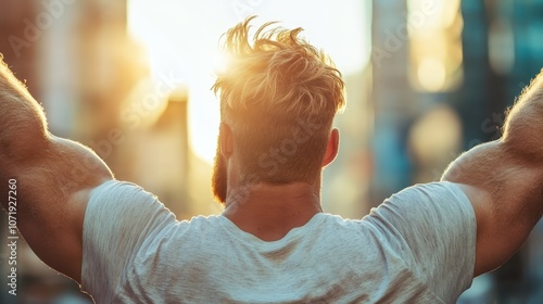 A man seen from behind stands with uplifted arms, facing a vibrant urban sunrise. His tousled hair and broad shoulders exude strength and modern vitality. photo