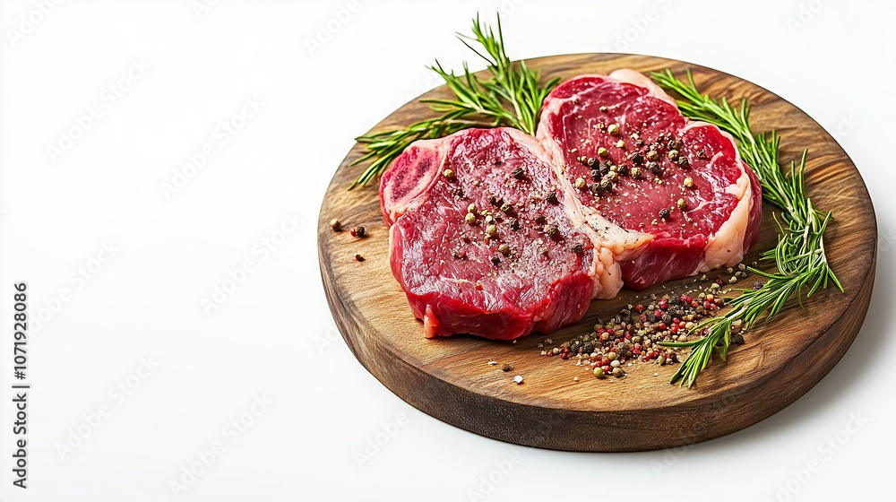 Fresh Raw Beef Steak with Spices on Wooden Plate Isolated on White Background Fresh Raw Beef Steak with Spices on Wooden Plate Isolated on White Background