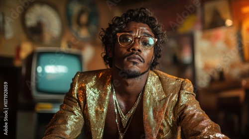 A stylish man wearing a shimmering gold jacket and glasses, sitting in a retro setting with classic decor, exuding confidence and charisma in his demeanor.