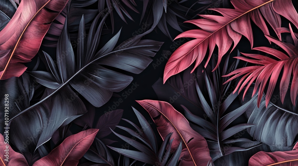 custom made wallpaper toronto digital9.Luxurious dark background adorned with hand-drawn pastel banana leaves and palm fronds, creating a seamless pattern with a vintage 3D effect, suitable for cloth and fabric prints