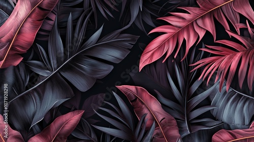 Wallpaper Mural 9.Luxurious dark background adorned with hand-drawn pastel banana leaves and palm fronds, creating a seamless pattern with a vintage 3D effect, suitable for cloth and fabric prints Torontodigital.ca
