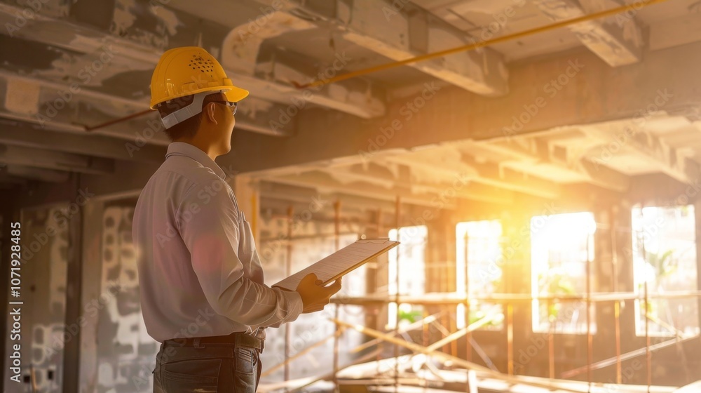 Construction Worker Inspecting Building Interior Construction Worker Inspecting Building Interior