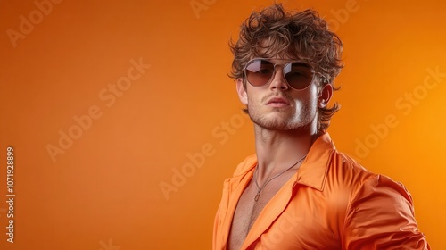 A handsome man poses confidently in an orange shirt and cool sunglasses, embodying charisma and modern day style against a vivid orange backdrop reflecting personality.