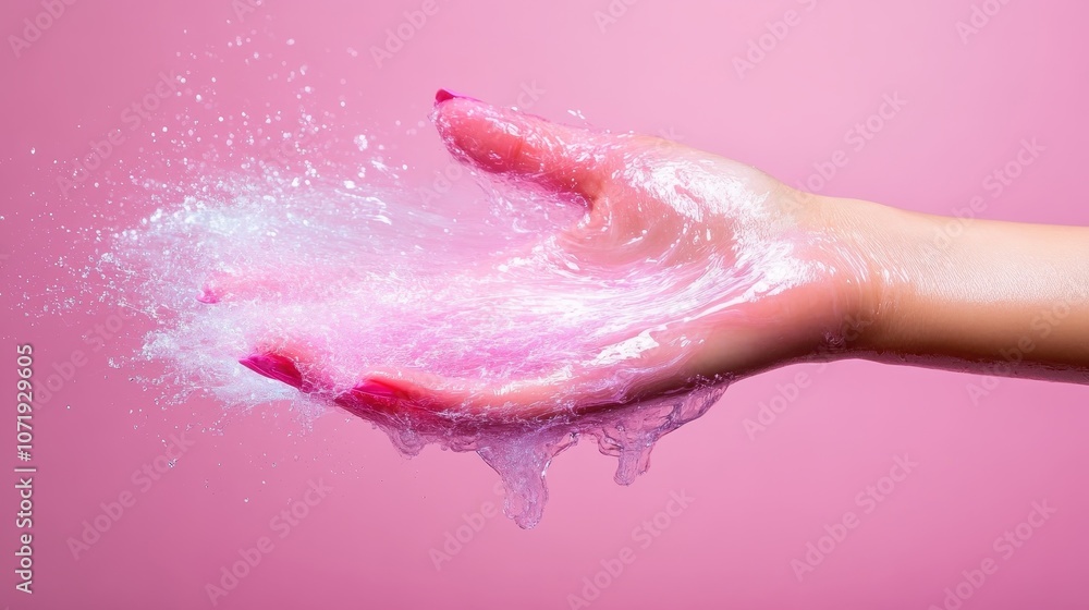 Fototapeta premium A hand with vivid pink nail polish holds and splashes water against a bright pink background, creating a dynamic and refreshing visual impact in the image.