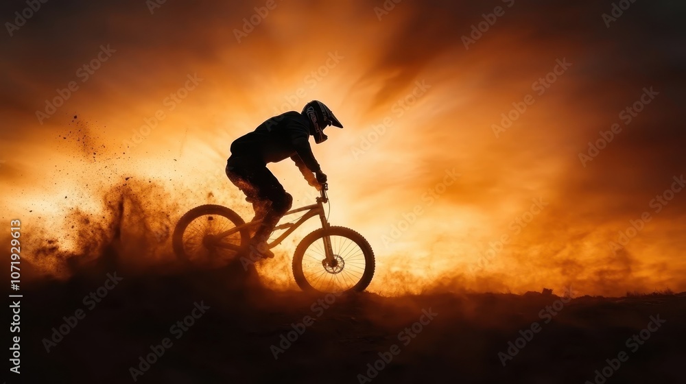 Obraz premium A silhouetted biker cycles through a cloud of dust against a stunning sunset, capturing the essence of adventure and freedom in a high-energy sporting scene.