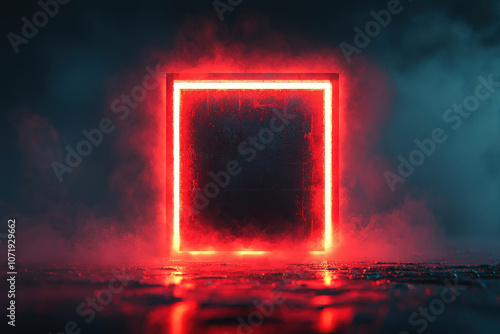 A stunning red neon frame stands against a smoky backdrop, creating a surreal atmosphere of light and shadow.