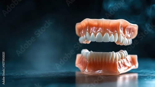 A pair of realistic dentures is placed on a reflective surface, highlighting the intricately detailed teeth and gums against a dark, atmospheric backdrop. photo