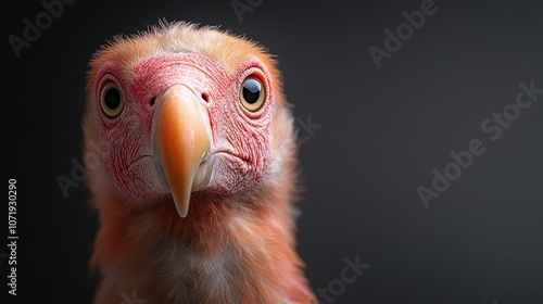 A front-facing perspective of an unusual bird with a curious expression, characterized by unique features and soft tones. The composition highlights texture and form.