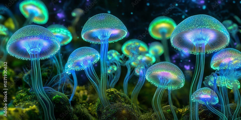 Glowing bioluminescent mushrooms in a dark forest, fantasy nature Glowing bioluminescent mushrooms in a dark forest, fantasy nature