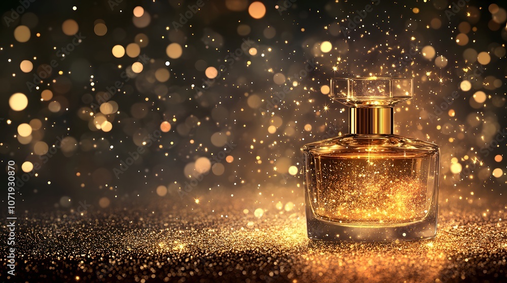 Luxury Perfume Bottle with Golden Glitter and Bokeh Lights Luxury Perfume Bottle with Golden Glitter and Bokeh Lights