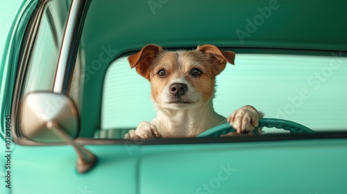 A focused dog sits behind the steering wheel in a mint green vehicle, humorously depicting a sense of discipline and importance on this imaginary trip. photo