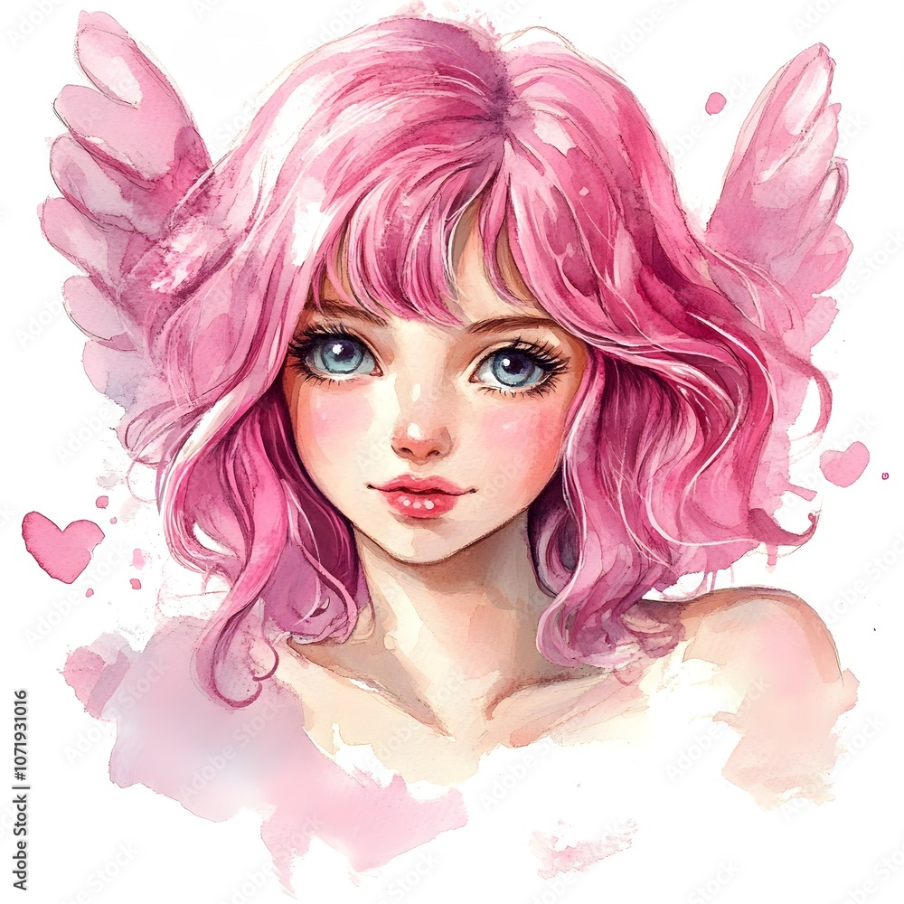 Watercolor Painting of a Beautiful Young Girl with Pink Hair and Wings Watercolor Painting of a Beautiful Young Girl with Pink Hair and Wings