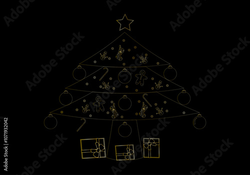 Árbol de Navidad decorado y en trazo dorado sobre fondo negro