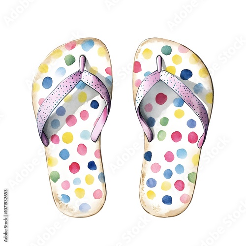 Watercolor Illustration of Colorful Polka Dot Flip Flops for Summer Beach Fashion