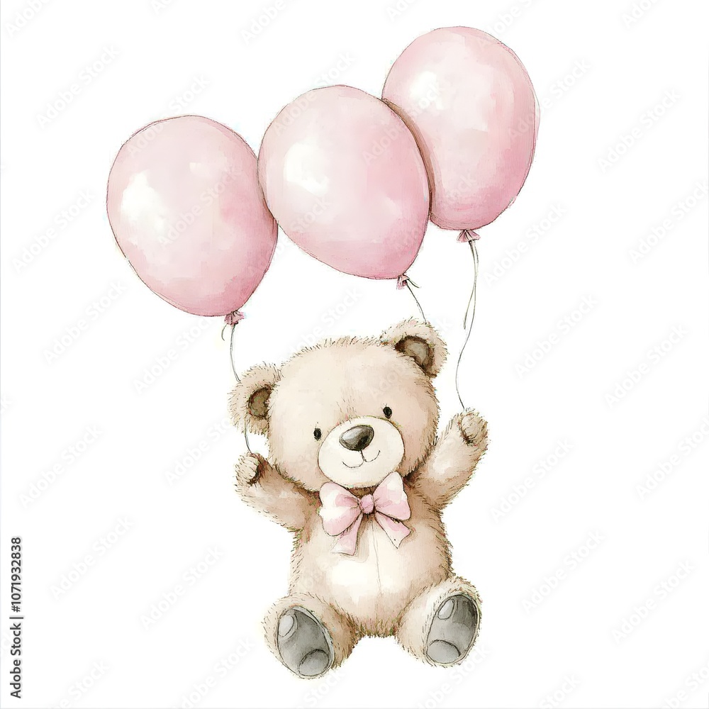 Cute Teddy Bear Flying with Pink Balloons Illustration Cute Teddy Bear Flying with Pink Balloons Illustration