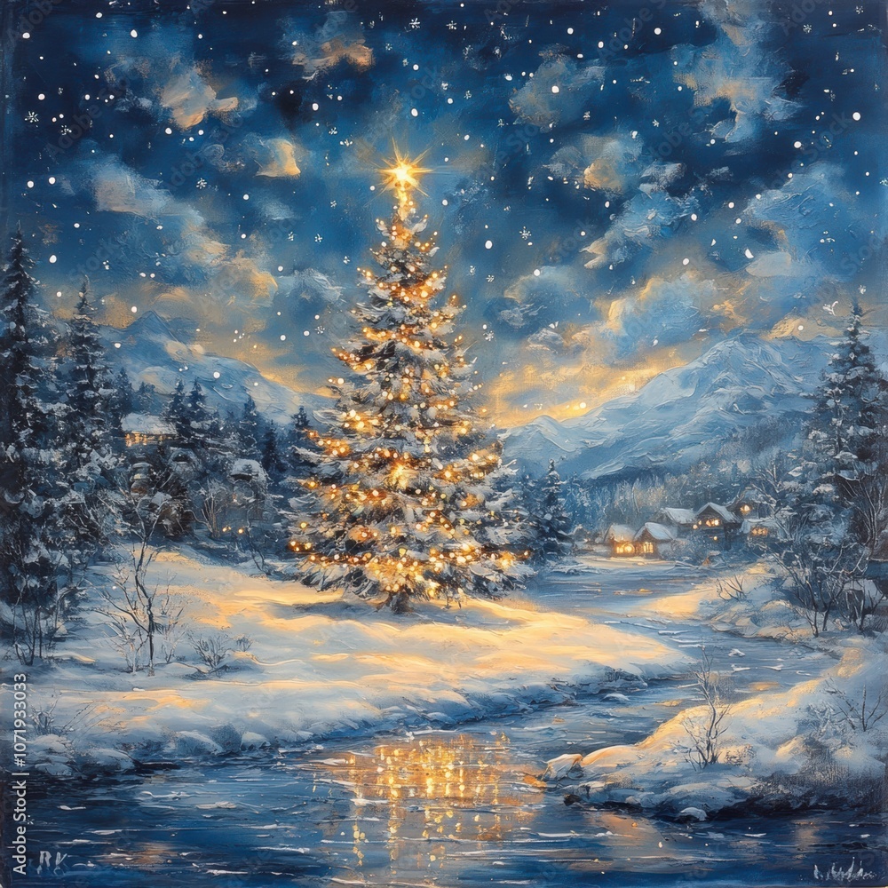 Winter landscape with a glowing Christmas tree and snowfall. Winter landscape with a glowing Christmas tree and snowfall.