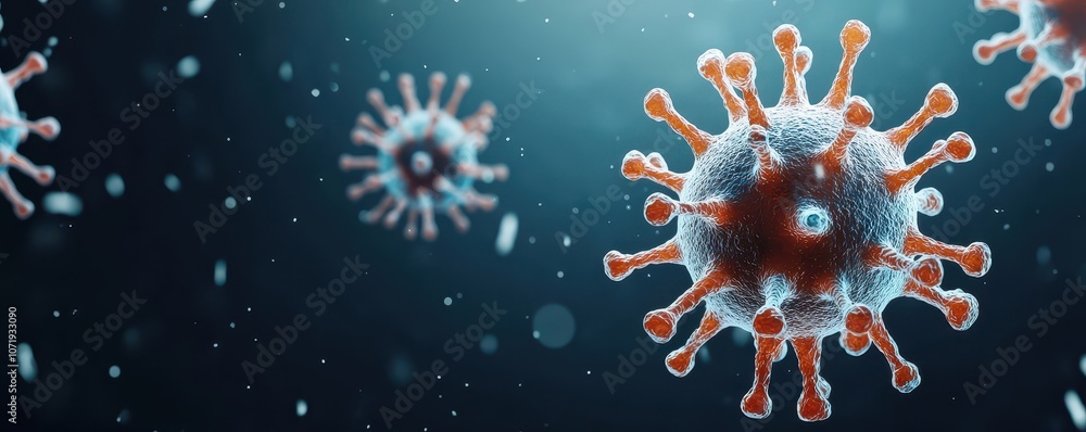 Exposure of bacteria concept. A detailed microscopic view of virus particles suspended in a blue environment, showcasing their complex structures and spikes. Exposure of bacteria concept. A detailed microscopic view of virus particles suspended in a blue environment, showcasing their complex structures and spikes.
