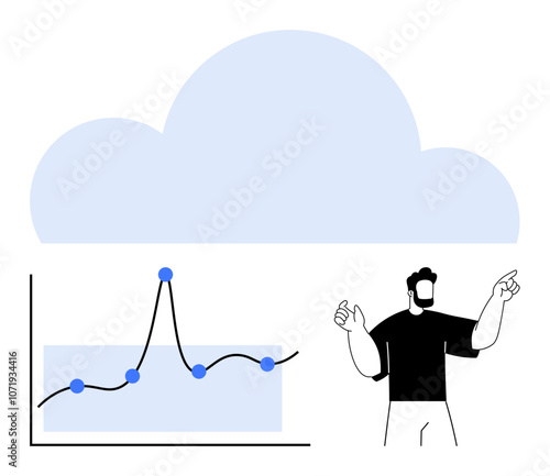 Cloud symbol above a data graph with fluctuating line and dots. Human character gestures at graph. Ideal for data analysis, cloud computing, technology, statistics, business, forecasting