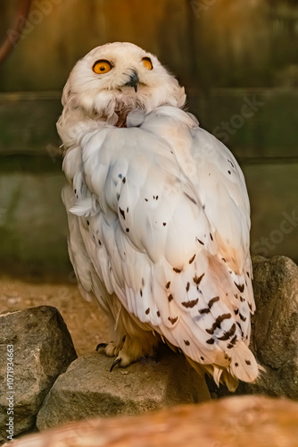 Nyctea scandiaca, snowy owl, with a rock photo