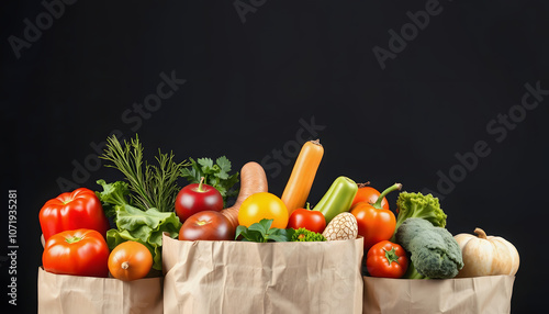 Healthy food in full paper bag of different products vegetables and fruits on dark background highlighted by white, png