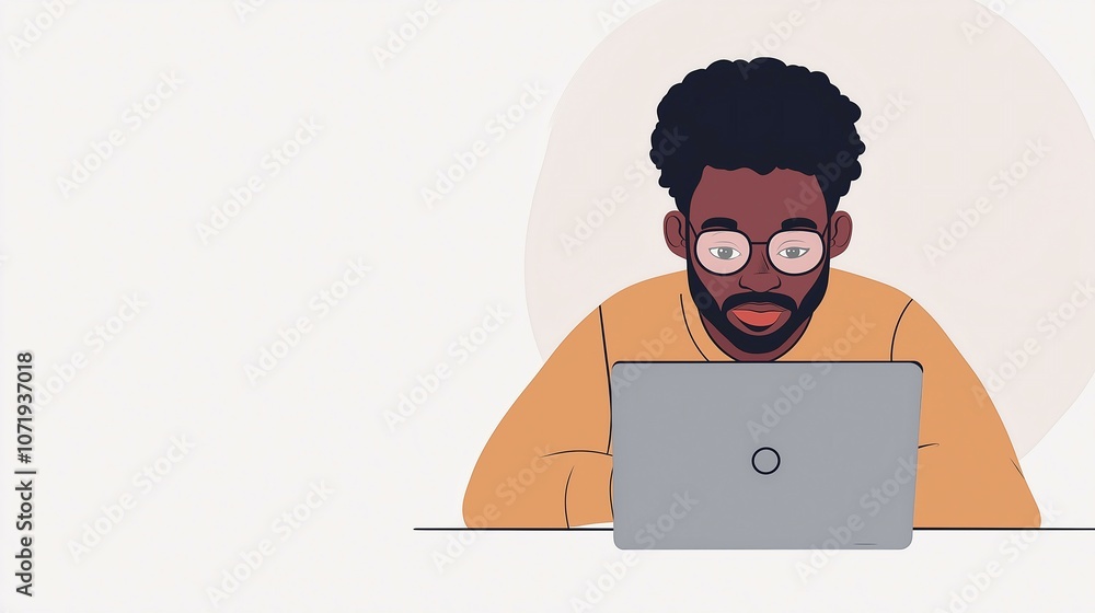 Focused young african american software developer with glasses working diligently on a laptop at a desk illustration Focused young african american software developer with glasses working diligently on a laptop at a desk illustration