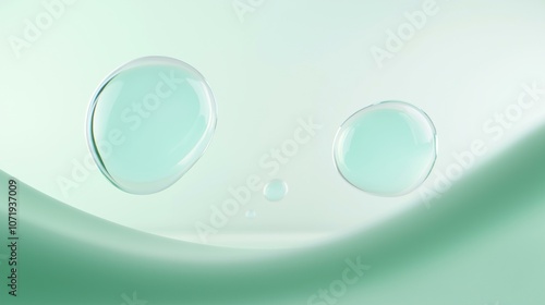 Serene aqua bubbles floating in a soft, ethereal green misty environment.