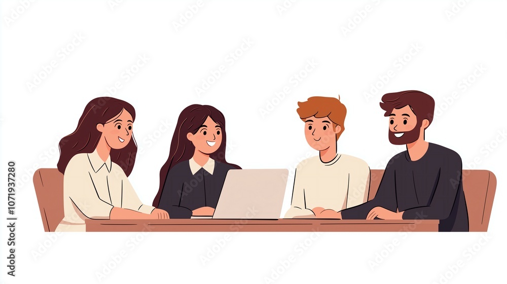 Diverse team collaborating on a project with a laptop in a modern office setting. Diverse team collaborating on a project with a laptop in a modern office setting.