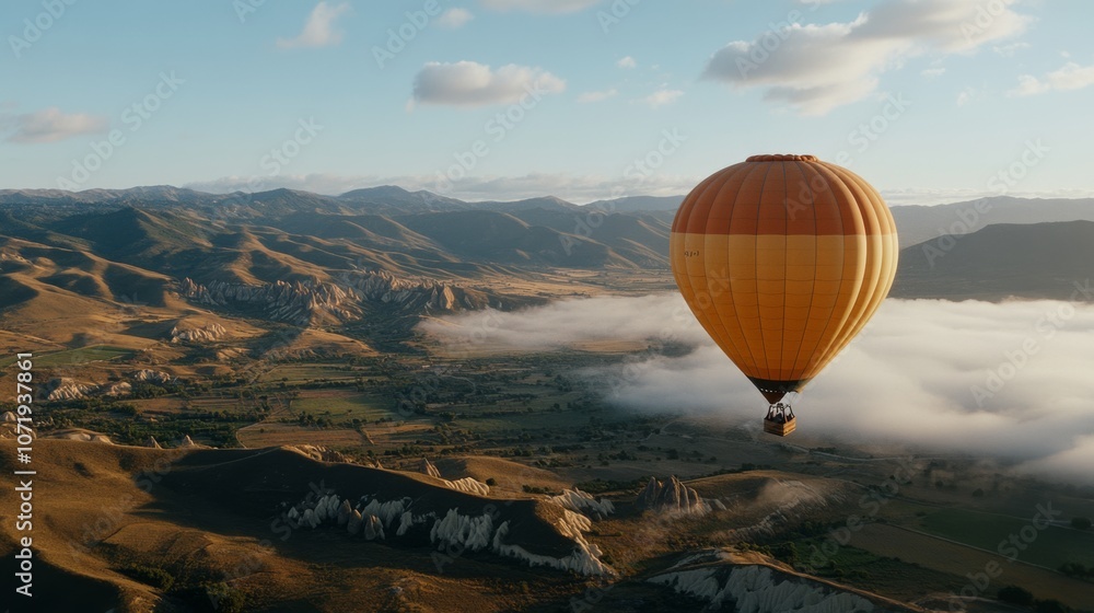 Fototapeta premium A vibrant hot air balloon floating above lush valleys and rugged mountains under a clear, expansive sky, showcasing adventure and tranquility.