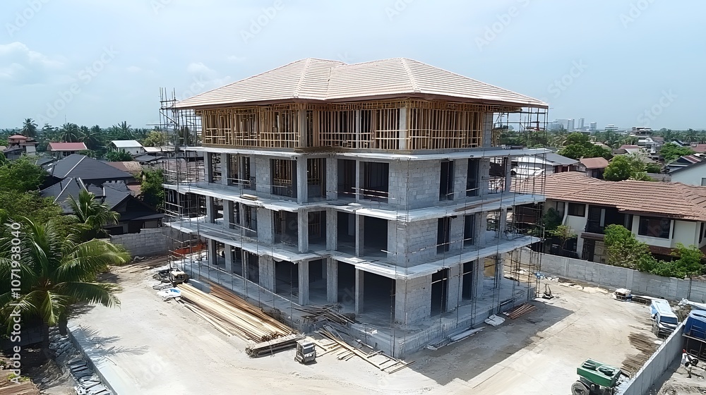 Urban construction site featuring a modern multi-story building under development. Urban construction site featuring a modern multi-story building under development.