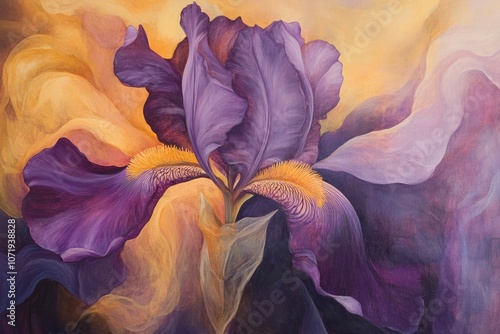 Art iris in rich purples and yellows, each petal curling like smoke in an elegant, abstract composition photo