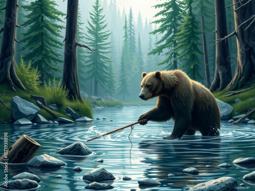 A bear is in a river, holding a fishing rod. Scene is peaceful and serene, as the bear is enjoying a quiet moment in nature photo