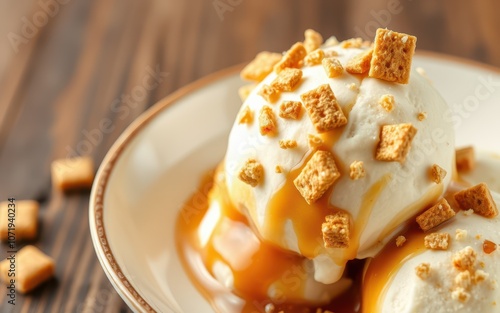 A bowl of ice cream topped with caramel and cereal squares sits on a wooden table photo