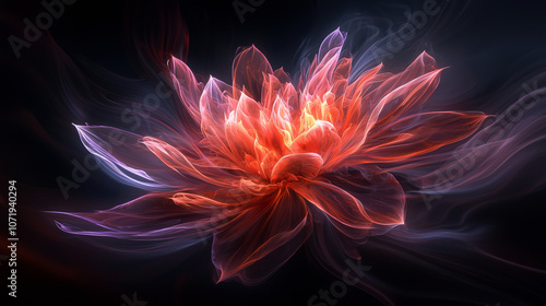 vibrant, glowing flower with petals radiating outward, showcasing intricate details and blend of warm colors against dark background, creating mesmerizing visual effect
