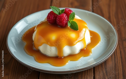 A creamy panna cotta dessert topped with caramel sauce and fresh raspberries, ready to be enjoyed photo