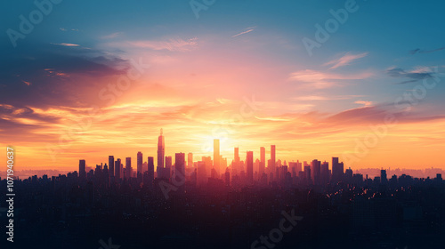 cityscape skyline with vibrant colorful sunrise illuminating buildings, creating stunning silhouette against sky. scene evokes sense of tranquility and awe