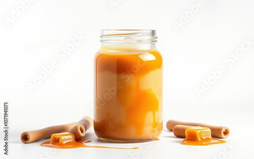 A jar of caramel sauce sits on a white background, surrounded by cinnamon sticks and a puddle of the sweet, golden liquid photo