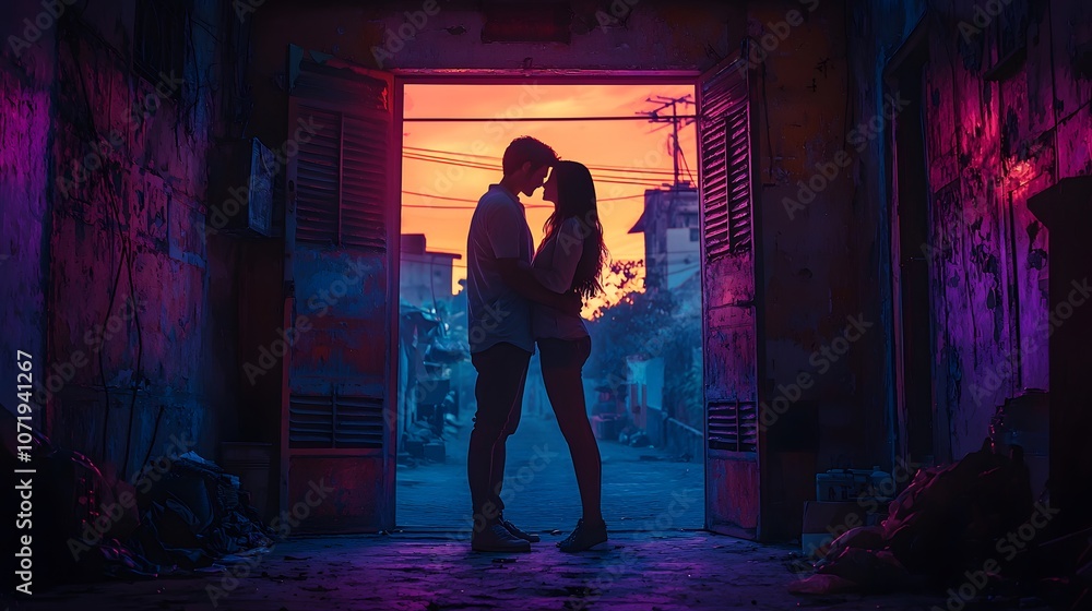 Obraz premium Romantic couple silhouetted against a vibrant sunset in an urban setting.