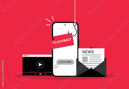 Clickbait concept with smartphone and fishing hook on clickbait message. Advertising and spam symbol