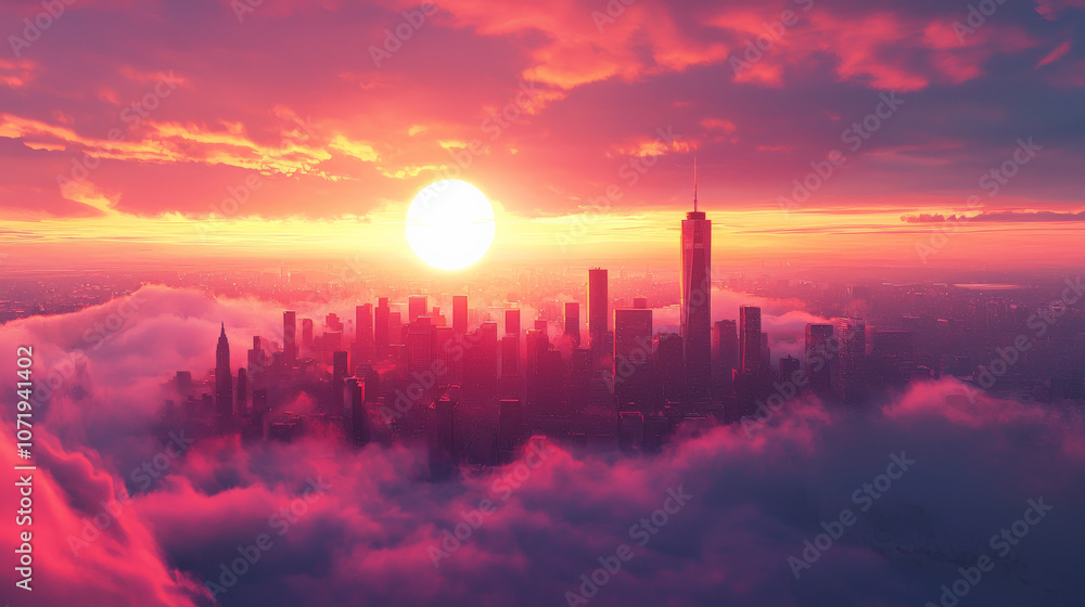 stunning cityscape at sunset, featuring vibrant colors and dramatic clouds. sun casts warm glow over skyline, creating breathtaking view stunning cityscape at sunset, featuring vibrant colors and dramatic clouds. sun casts warm glow over skyline, creating breathtaking view
