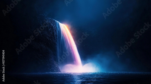 stunning waterfall cascading down dark cliff, its water sparkling with vibrant colors. scene evokes sense of tranquility and awe in nature beauty