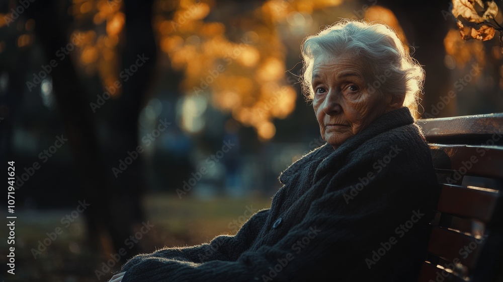 An elderly woman sits contemplatively on a bench amidst autumn's embrace, exuding wisdom and reflection in a softly lit park scene. An elderly woman sits contemplatively on a bench amidst autumn's embrace, exuding wisdom and reflection in a softly lit park scene.