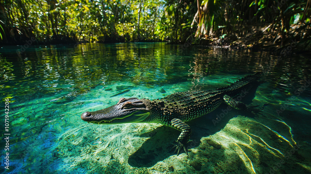 Fototapeta premium Majestic Alligator Swimming Gracefully in Crystal Clear Waters Surrounded Lush Green Forest, Tropical Habitat, Natural Wildlife Photography
