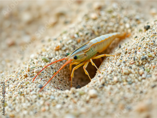 A small green and orange bug is walking on the sand. The sand is dry and the bug is moving through it photo