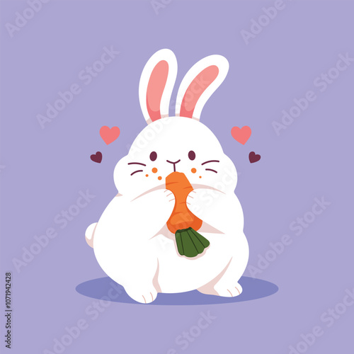 Rabbit eats a carrot. Cute cartoon little bunny. Funny animal. Easter Bunny. Vector flat illustration isolated on purple background.