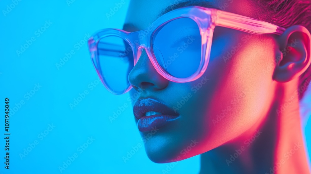A close-up of a person wearing vibrant pink sunglasses, against a dynamic blue backdrop, creating a striking and cool visual contrast. A close-up of a person wearing vibrant pink sunglasses, against a dynamic blue backdrop, creating a striking and cool visual contrast.