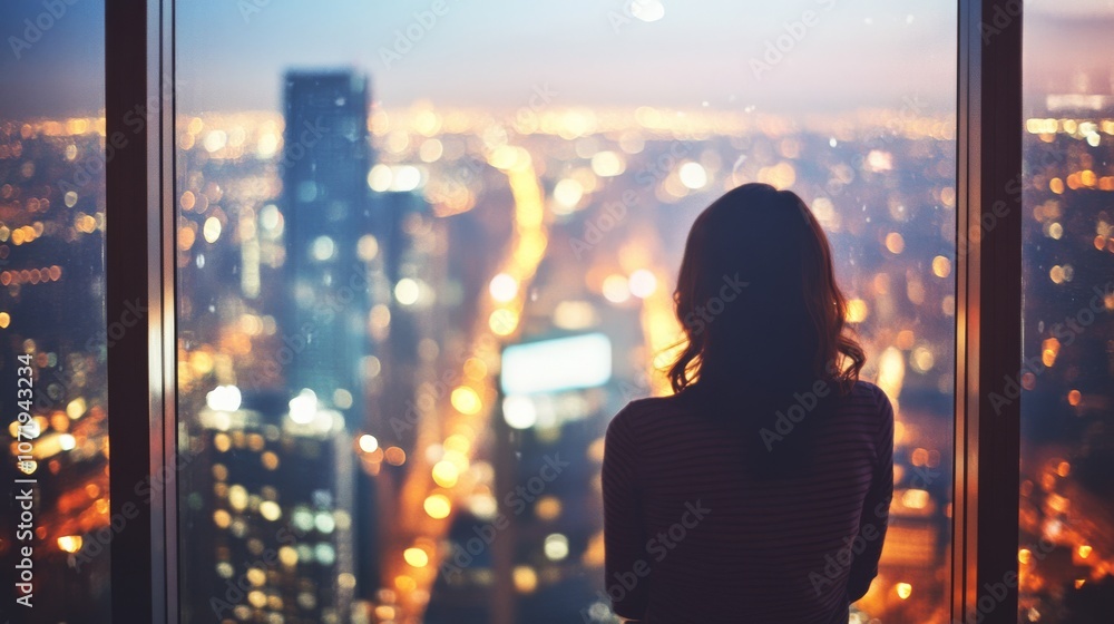 A silhouette gazes out from a high-rise window, city lights stretching infinitely beneath—a reflective moment amidst urban dynamism. A silhouette gazes out from a high-rise window, city lights stretching infinitely beneath—a reflective moment amidst urban dynamism.