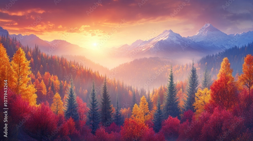 Obraz premium Stunning Autumn Sunset Over Majestic Mountain Landscape