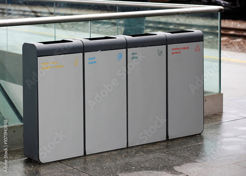 Four grey recycle trash cans with description in Czech and English on the train platform at the main station in Prague. Caring about environment, separating garbage into different containers.