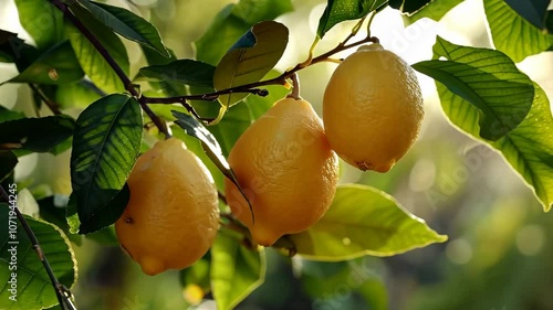 Lemon Tree Branch with Lemons Close-up of ripe yellow lemons hanging on a tree branch, surrounded by green leaves, under warm sunlight, symbolizing freshness and nature.

