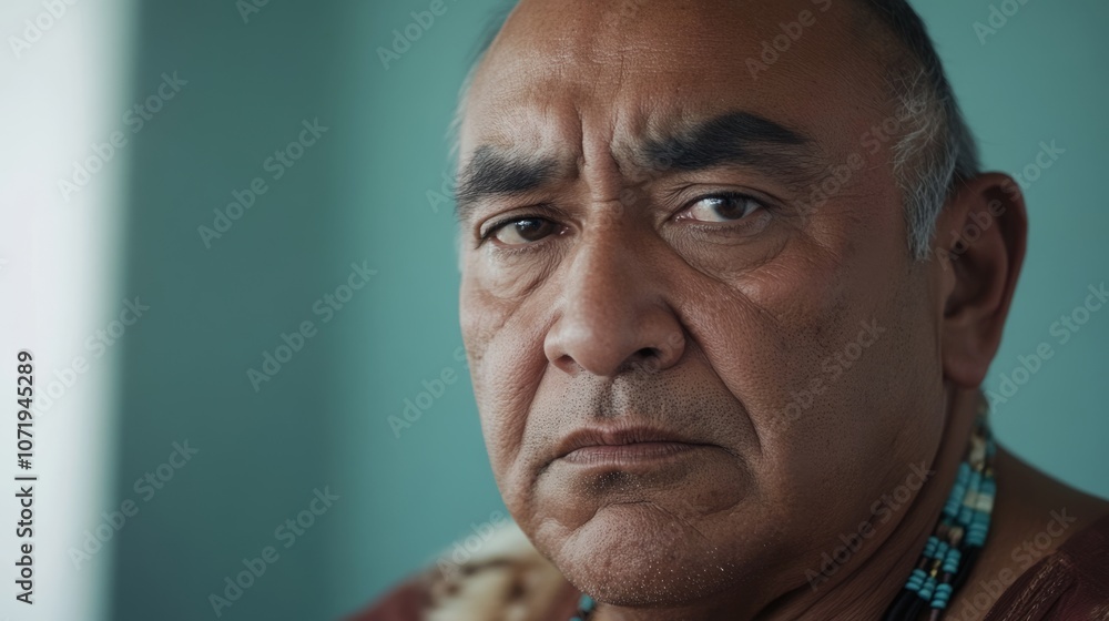 Fototapeta premium Intense emotions are captured as a person gazes forward, their expression thoughtful and evocative against a muted backdrop.